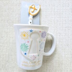 NEW Disney Parks WDW Unlock Your Imagination Ceramic Mug with Key Spoon
